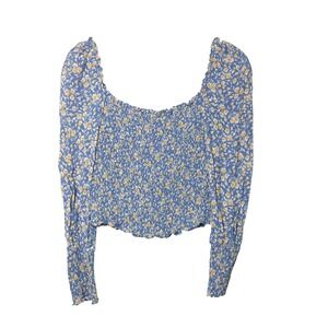 Reformation Pinto Top Blue Floral Smocked Bodice Long Sleeve Blouse Medium